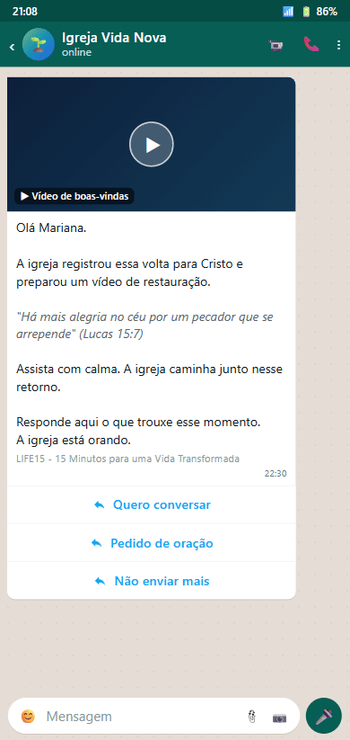 Agente pastoral de IA no WhatsApp, dia e noite